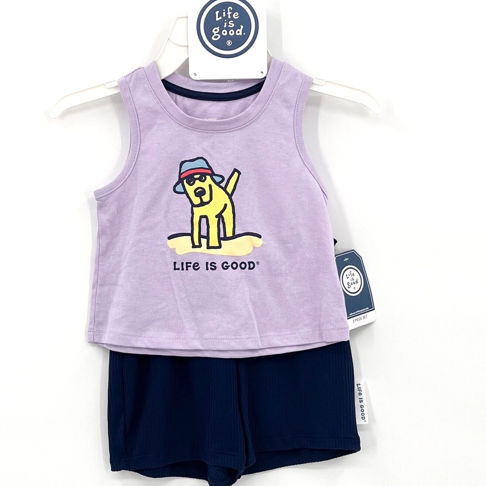 LIFE IS GOOD Girl's Sz 5 Lavender/Navy Sand Dog 2-Piece Tank Top/Shorts Set NWT